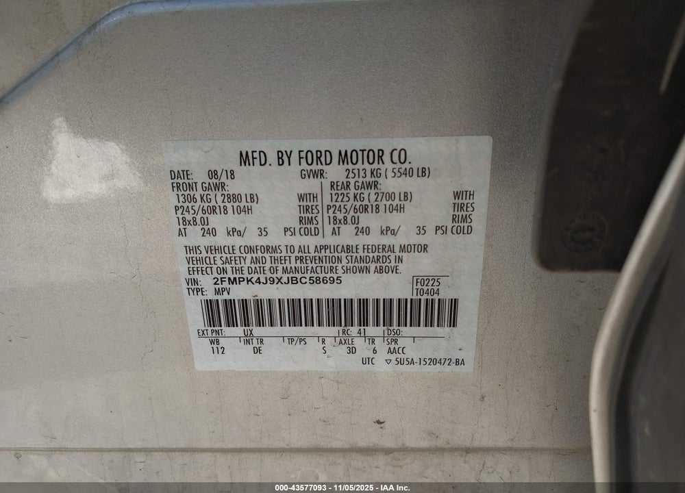 2018 FORD EDGE SEL VIN: 2FMPK4J9XJBC58695