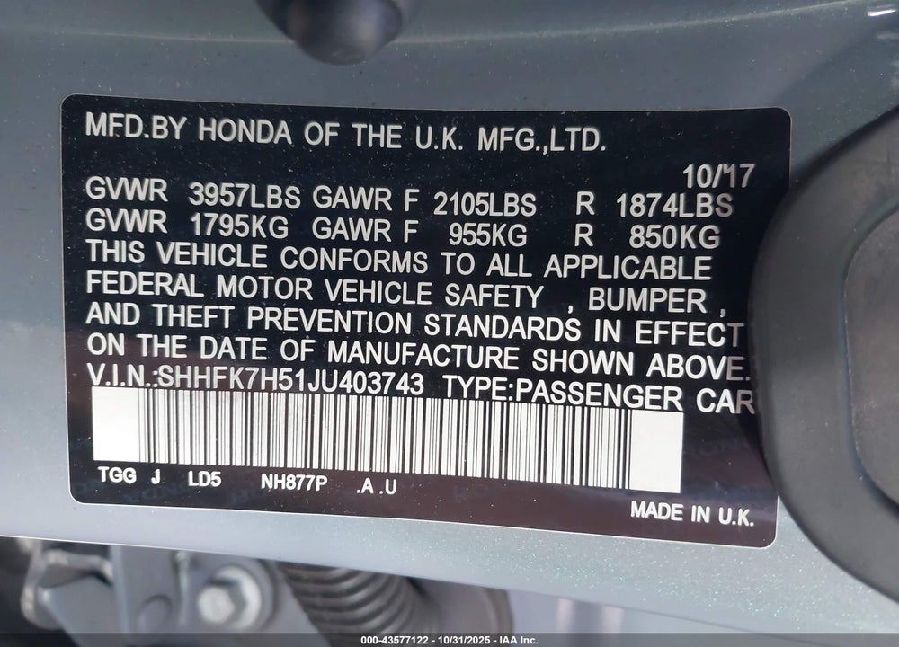 2018 HONDA CIVIC EX VIN: SHHFK7H51JU403743