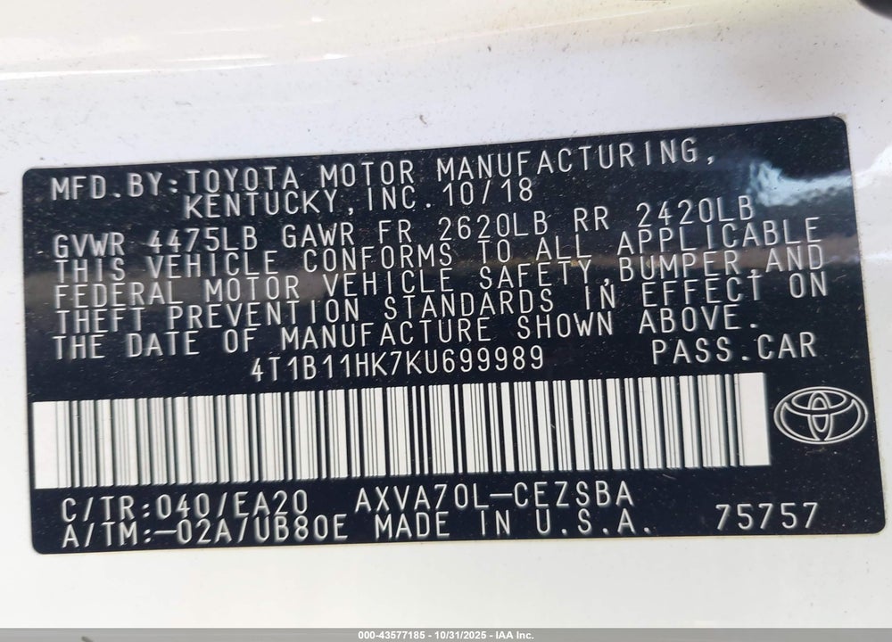 2019 TOYOTA CAMRY SE VIN: 4T1B11HK7KU699989