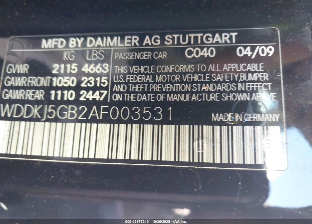 2010 MERCEDES-BENZ E 350 VIN: WDDKJ5GB2AF003531