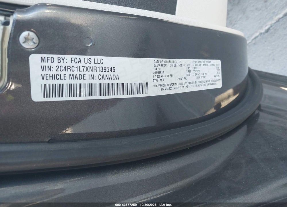 2022 CHRYSLER PACIFICA HYBRID TOURING L VIN: 2C4RC1L7XNR139546