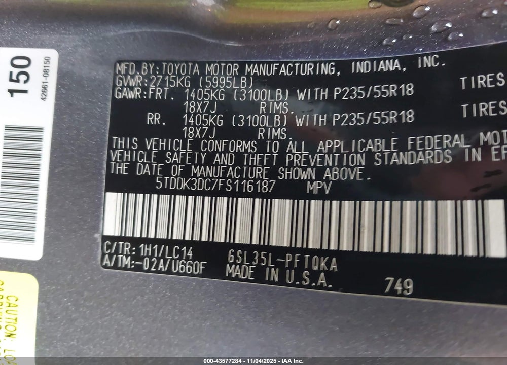 2015 TOYOTA SIENNA XLE 7 PASSENGER VIN: 5TDDK3DC7FS116187