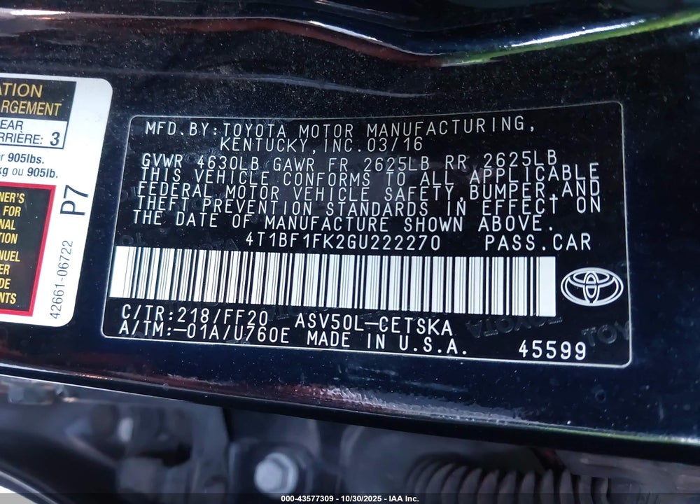 2016 TOYOTA CAMRY SE VIN: 4T1BF1FK2GU222270