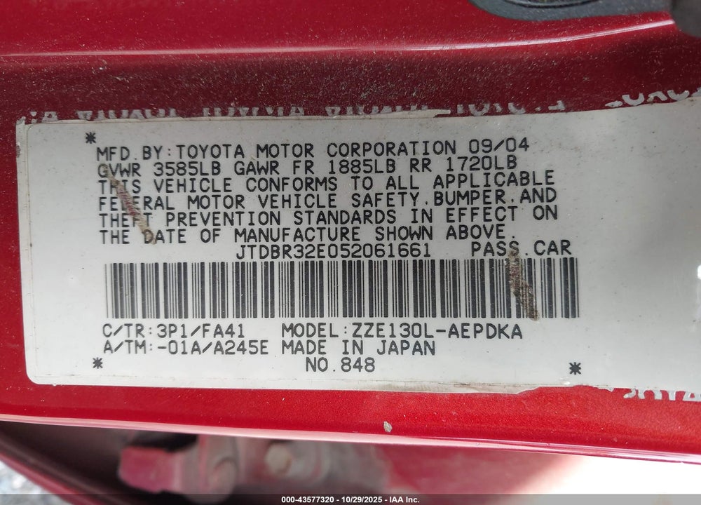 2005 TOYOTA COROLLA CE VIN: JTDBR32E052061661