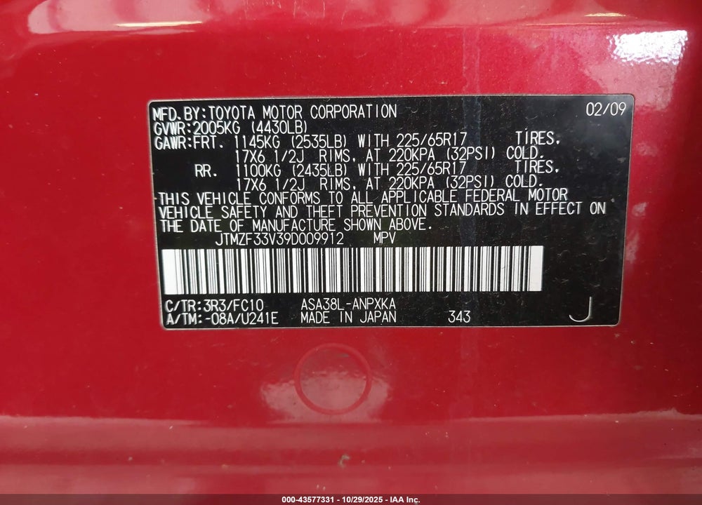 2009 TOYOTA RAV4 VIN: JTMZF33V39D009912