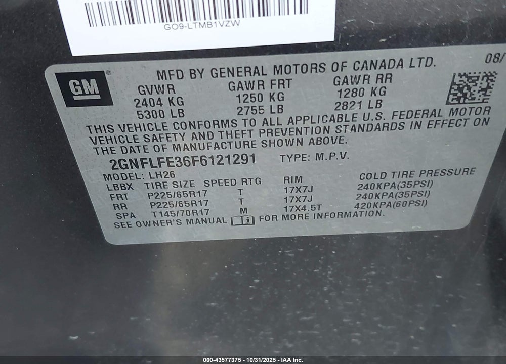 2015 CHEVROLET EQUINOX VIN: 2GNFLFE36F6121291