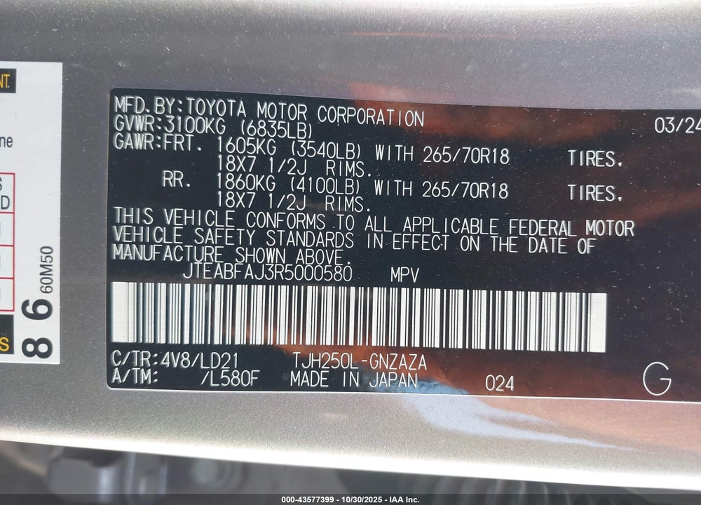 2024 TOYOTA LAND CRUISER VIN: JTEABFAJ3R5000580