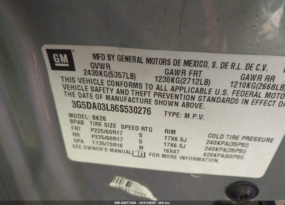 2006 BUICK RENDEZVOUS CX VIN: 3G5DA03L86S530276