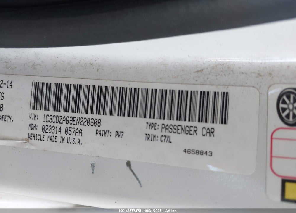 2014 DODGE AVENGER VIN: 1C3CDZAG9EN220608
