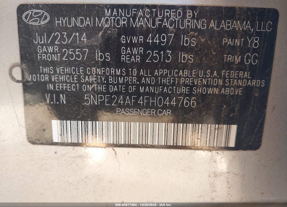 2015 HYUNDAI SONATA SE VIN: 5NPE24AF4FH044766