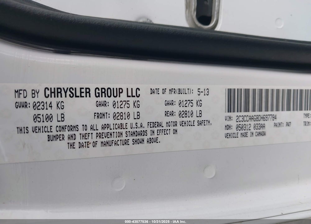 2013 CHRYSLER 300 MOTOWN VIN: 2C3CCAAG8DH697784