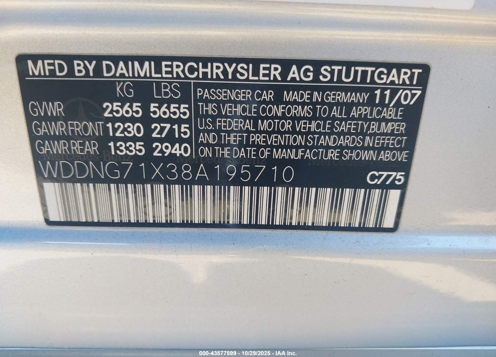 2008 MERCEDES-BENZ S 550 VIN: WDDNG71X38A195710