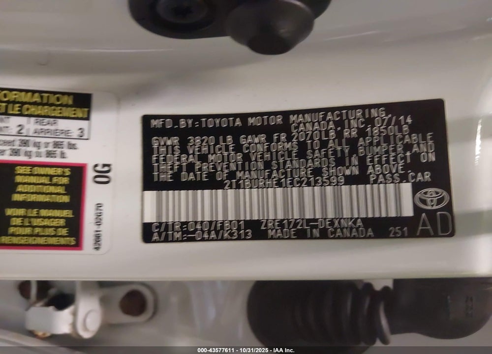 2014 TOYOTA COROLLA LE PLUS VIN: 2T1BURHE1EC213599