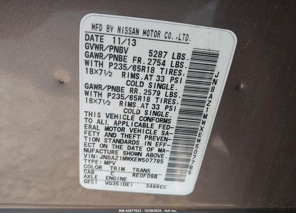 2014 NISSAN MURANO SV VIN: JN8AZ1MWXEW507785