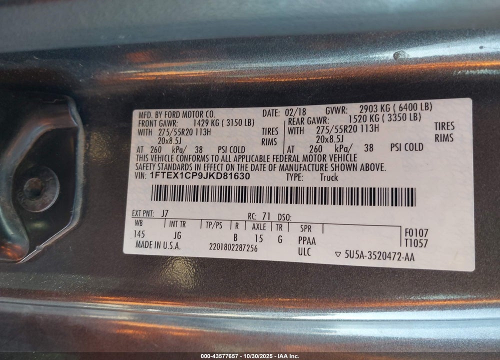 2018 FORD F-150 VIN: 1FTEX1CP9JKD81630