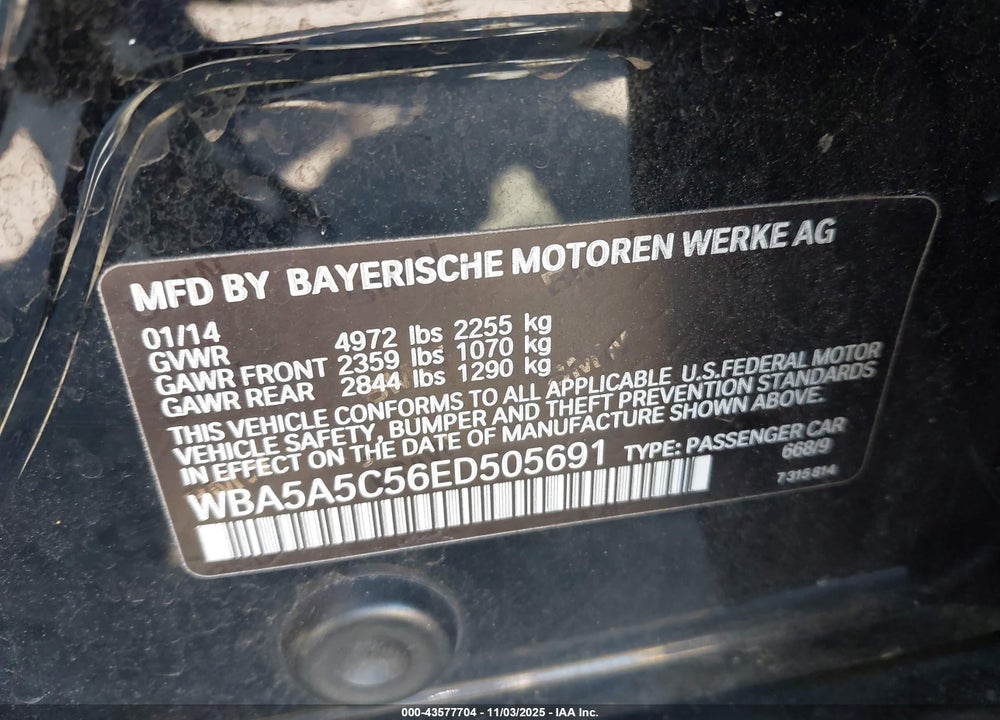 2014 BMW 5 SERIES VIN: WBA5A5C56ED505691