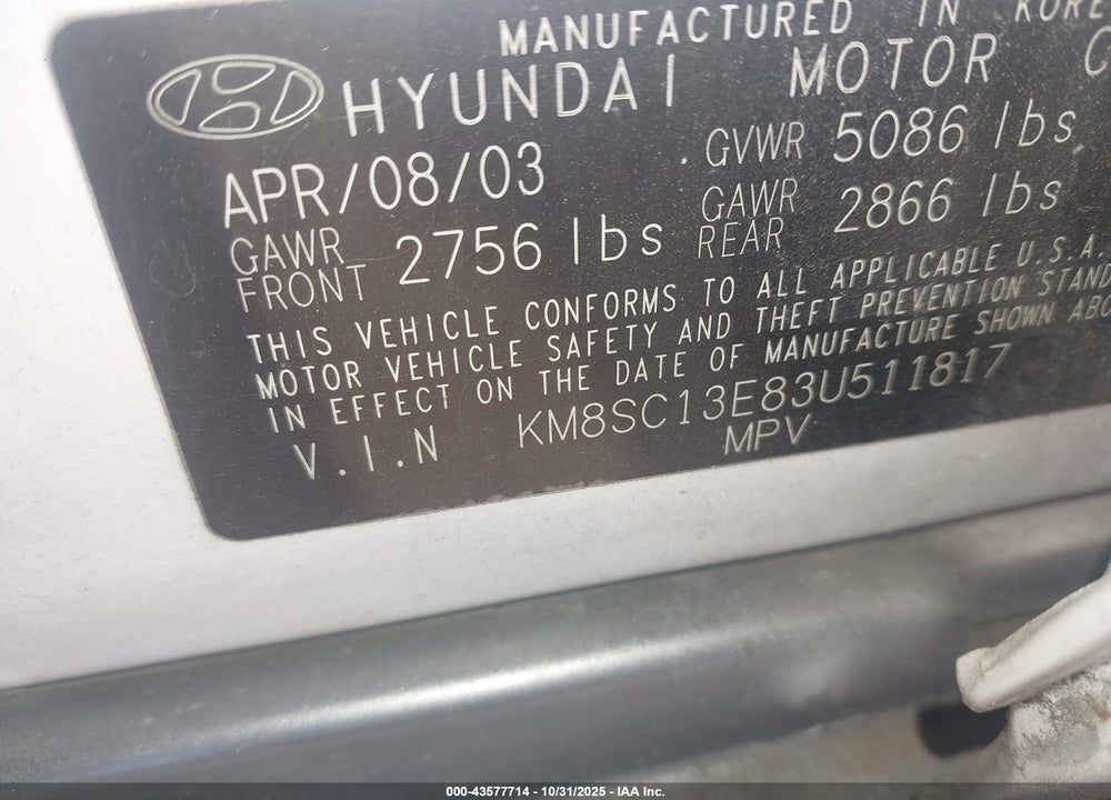 2003 HYUNDAI SANTA FE GLS/LX VIN: KM8SC13E83U511817