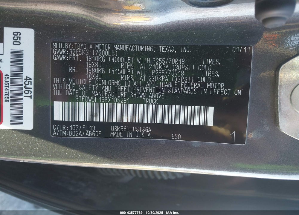 2011 TOYOTA TUNDRA GRADE 5.7L V8 VIN: 5TFDW5F16BX185291