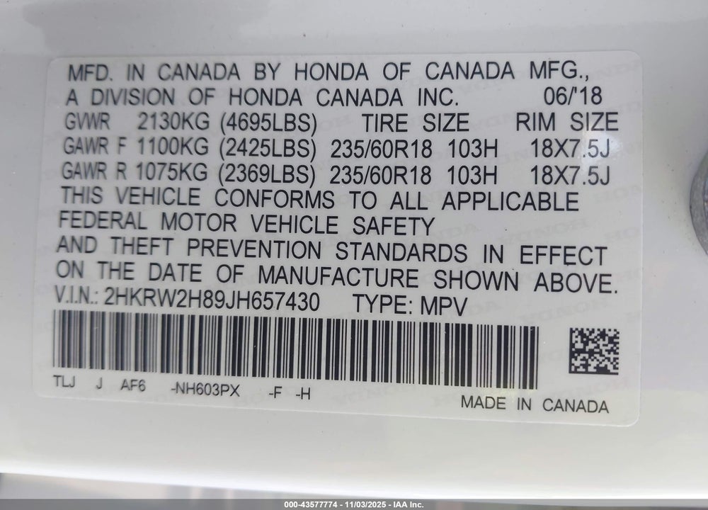 2018 HONDA CR-V VIN: 2HKRW2H89JH657430