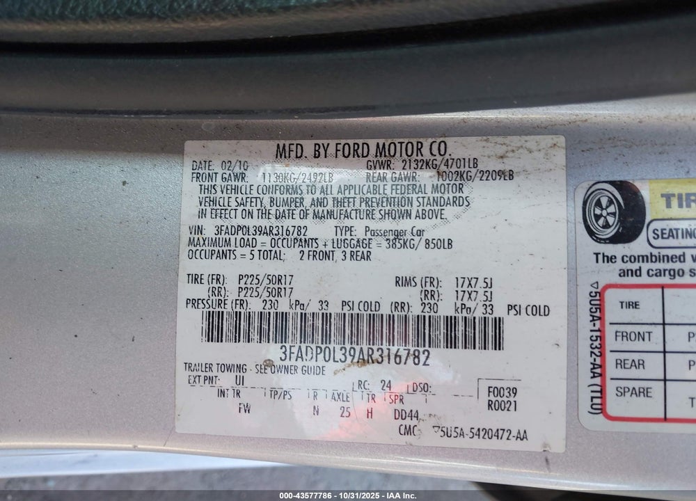 2010 FORD FUSION HYBRID VIN: 3FADP0L39AR316782