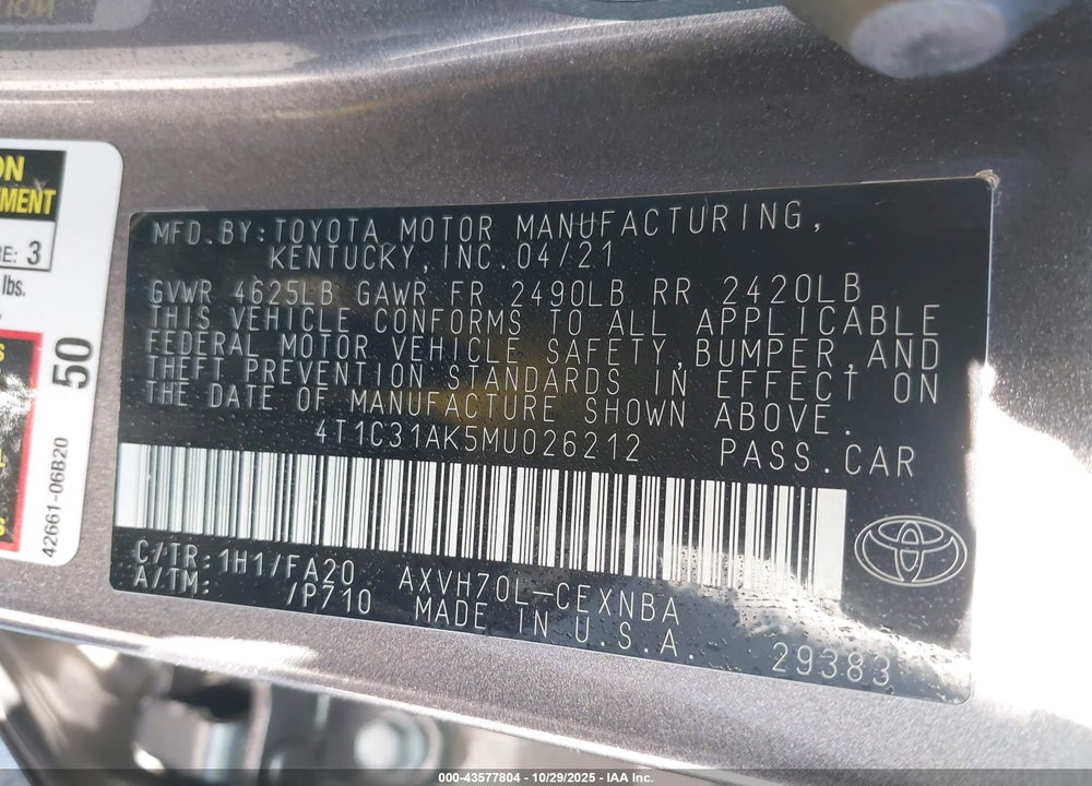 2021 TOYOTA CAMRY LE HYBRID VIN: 4T1C31AK5MU026212