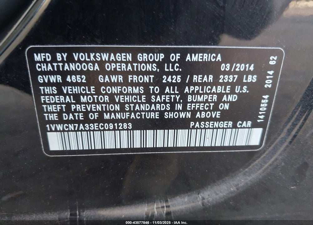 2014 VOLKSWAGEN PASSAT 2.0L TDI SEL PREMIUM VIN: 1VWCN7A33EC091283