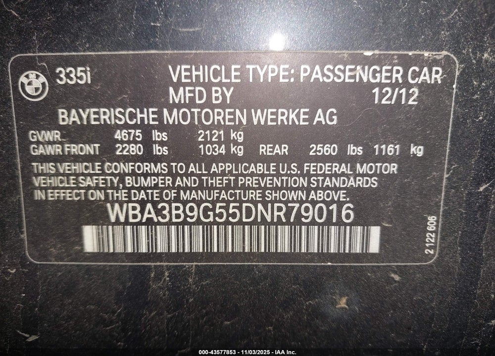 2013 BMW 3 SERIES VIN: WBA3B9G55DNR79016