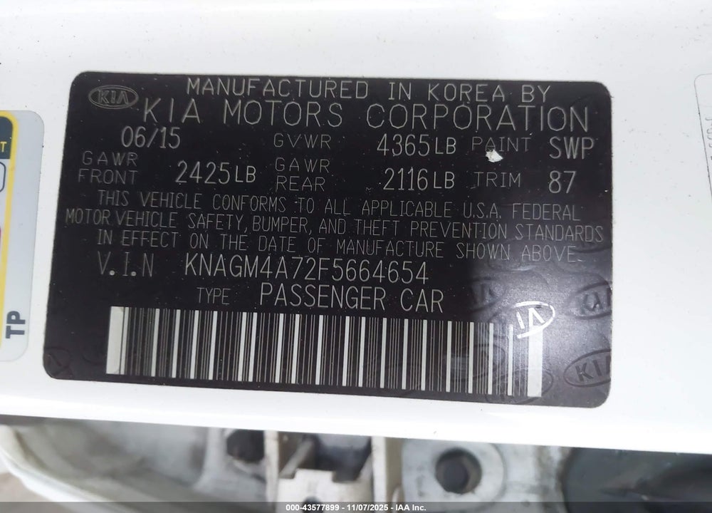 2015 KIA OPTIMA VIN: KNAGM4A72F5664654
