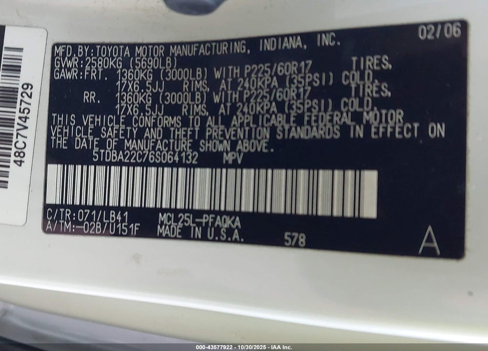 2006 TOYOTA SIENNA XLE LIMITED VIN: 5TDBA22C76S064132