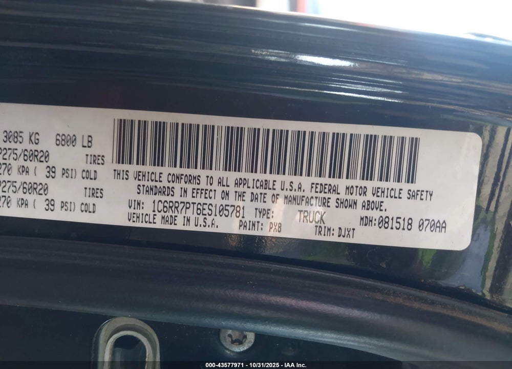 2014 RAM 1500 LONGHORN VIN: 1C6RR7PT6ES105781