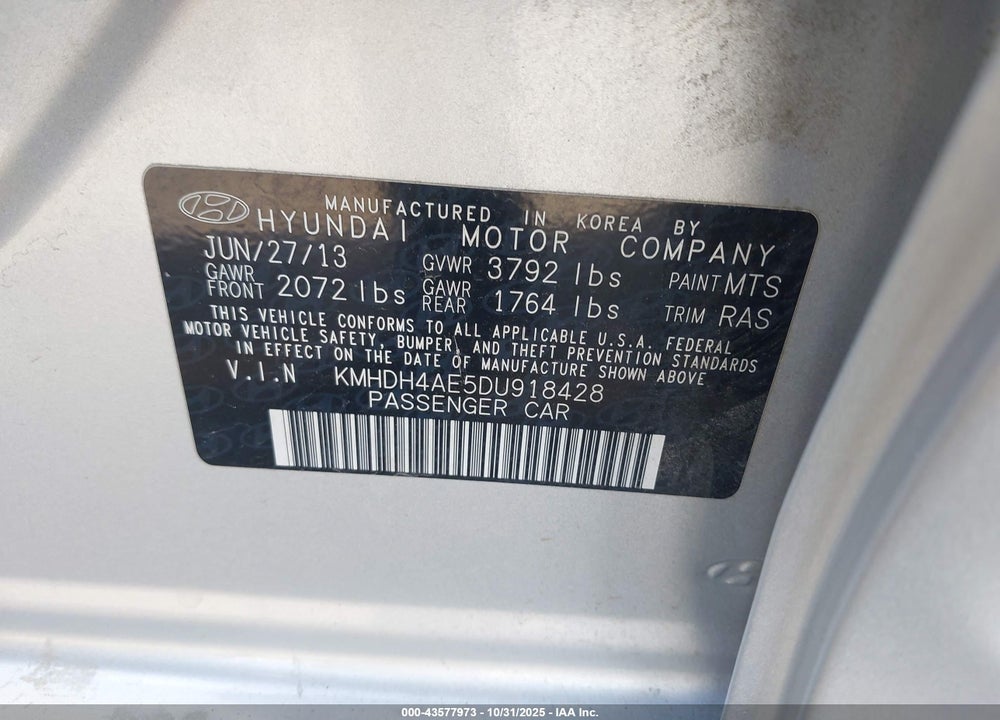 2013 HYUNDAI ELANTRA LIMITED VIN: KMHDH4AE5DU918428