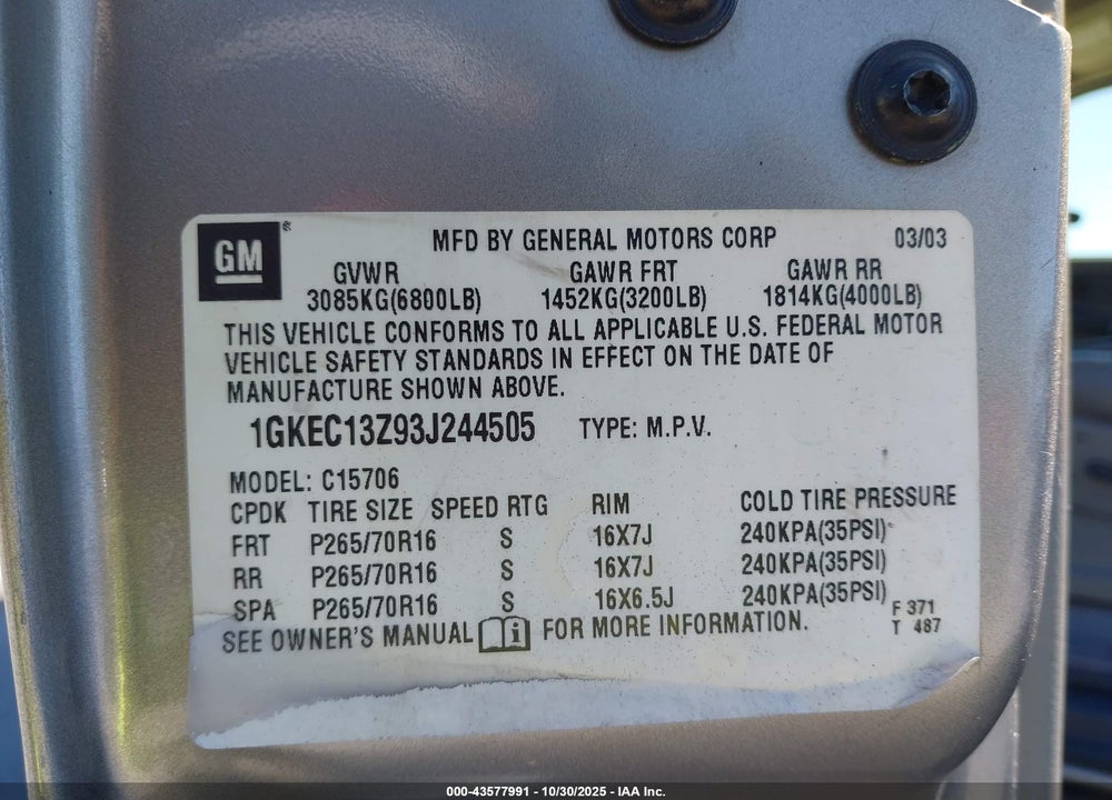 2003 GMC YUKON SLT VIN: 1GKEC13Z93J244505