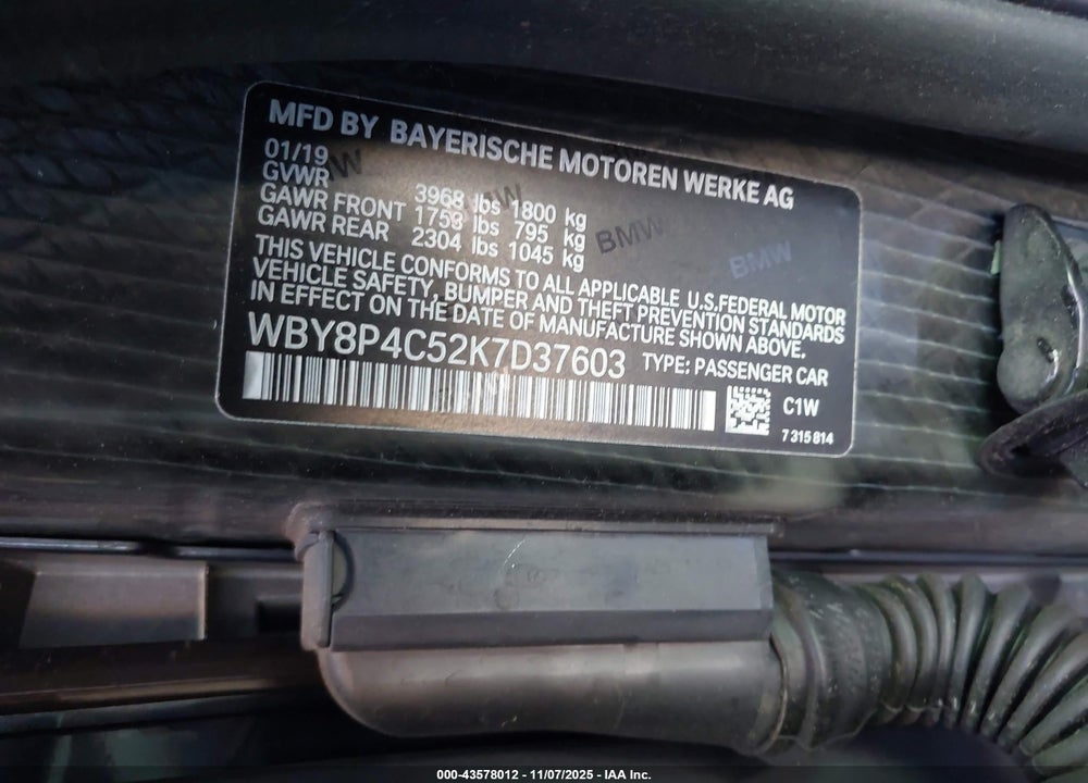 2019 BMW I3 120AH W/RANGE EXTENDER VIN: WBY8P4C52K7D37603
