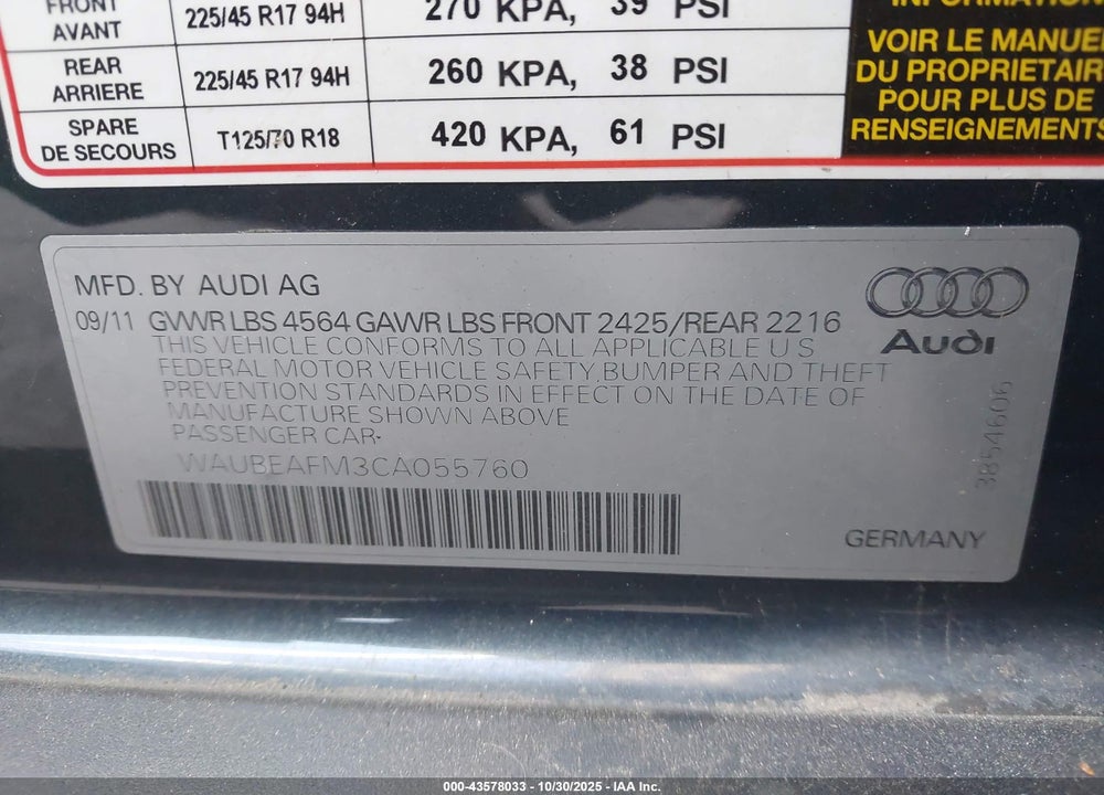 2012 AUDI A3 2.0T PREMIUM VIN: WAUBEAFM3CA055760