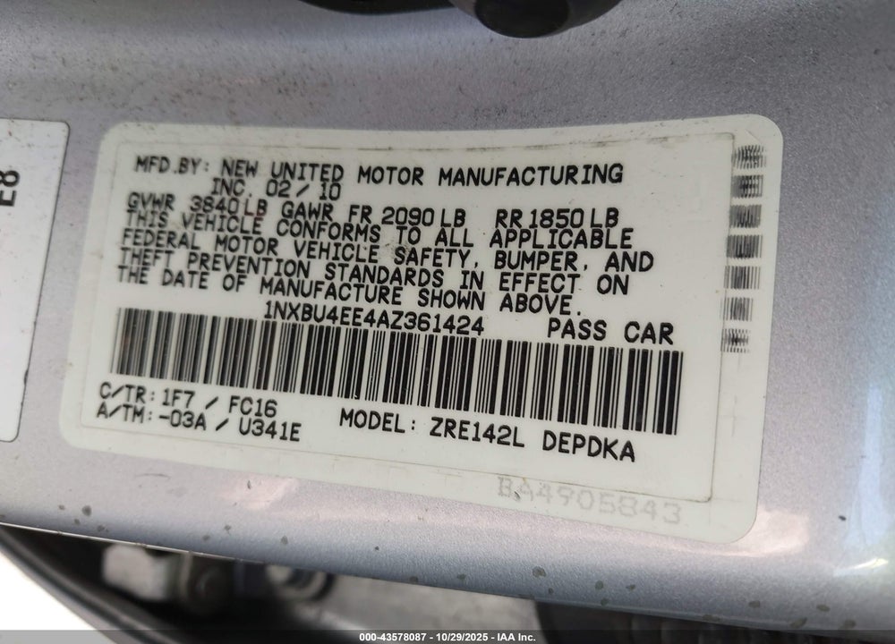 2010 TOYOTA COROLLA LE VIN: 1NXBU4EE4AZ361424