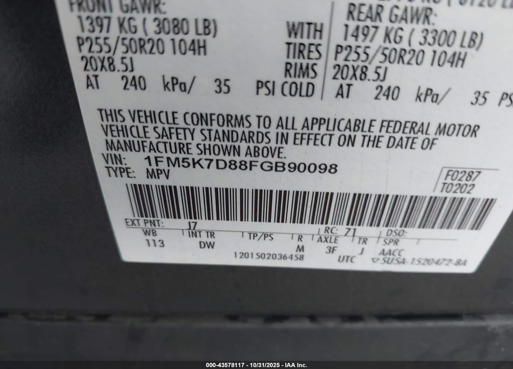 2015 FORD EXPLORER XLT VIN: 1FM5K7D88FGB90098