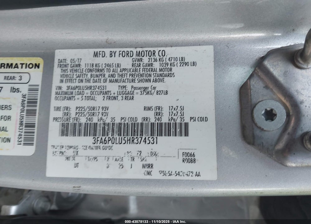 2017 FORD FUSION HYBRID SE VIN: 3FA6P0LU5HR374531