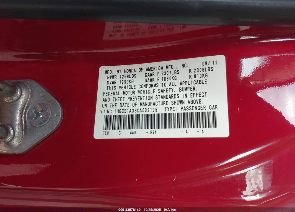 2012 HONDA ACCORD 2.4 LX-S VIN: 1HGCS1A38CA002195