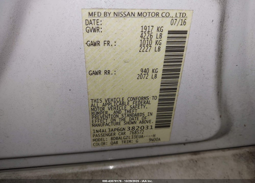2016 NISSAN ALTIMA 2.5 S VIN: 1N4AL3AP6GN382031