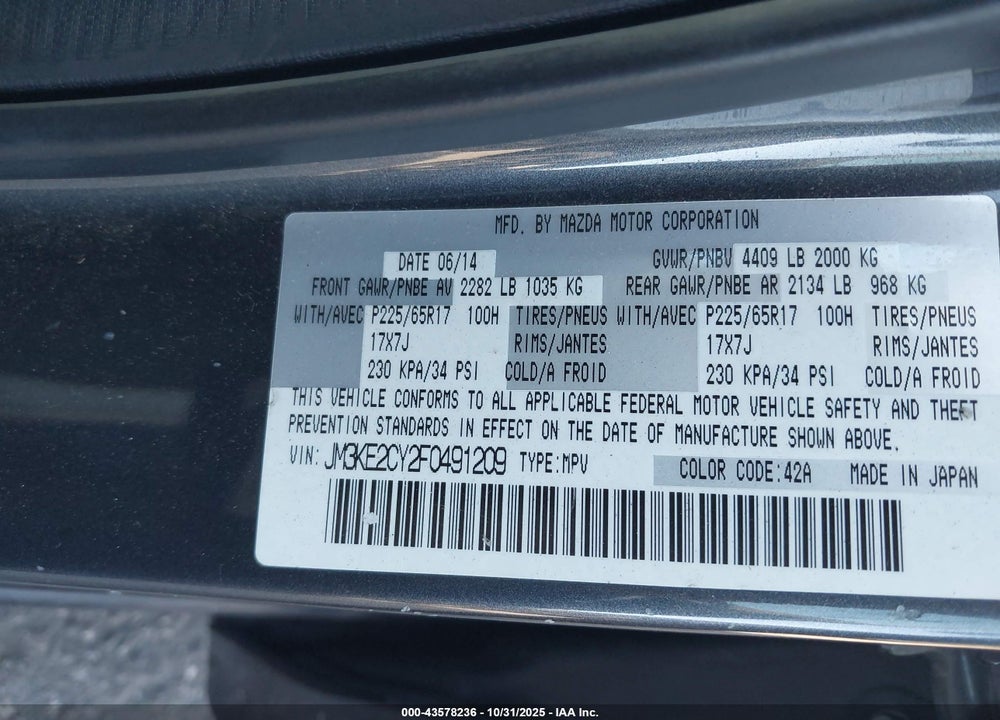 2015 MAZDA CX-5 TOURING VIN: JM3KE2CY2F0491209