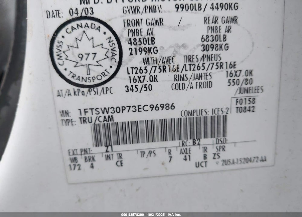 2003 FORD F 350 VIN: 1FTSW30P73EC96986