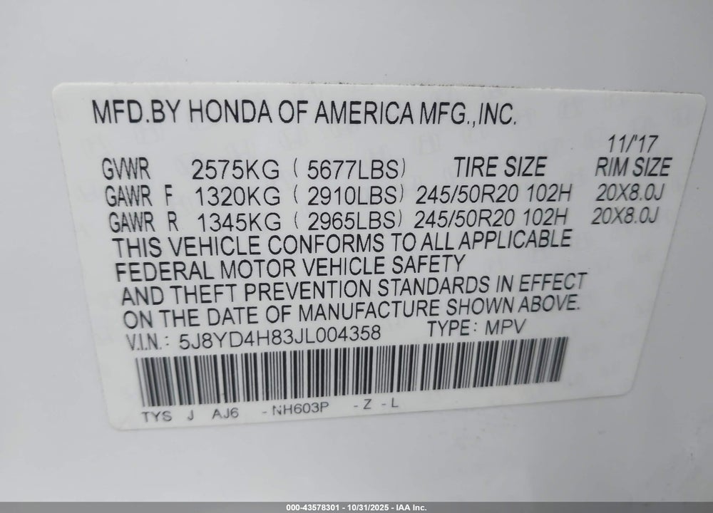 2018 ACURA MDX ADVANCE PACKAGE VIN: 5J8YD4H83JL004358