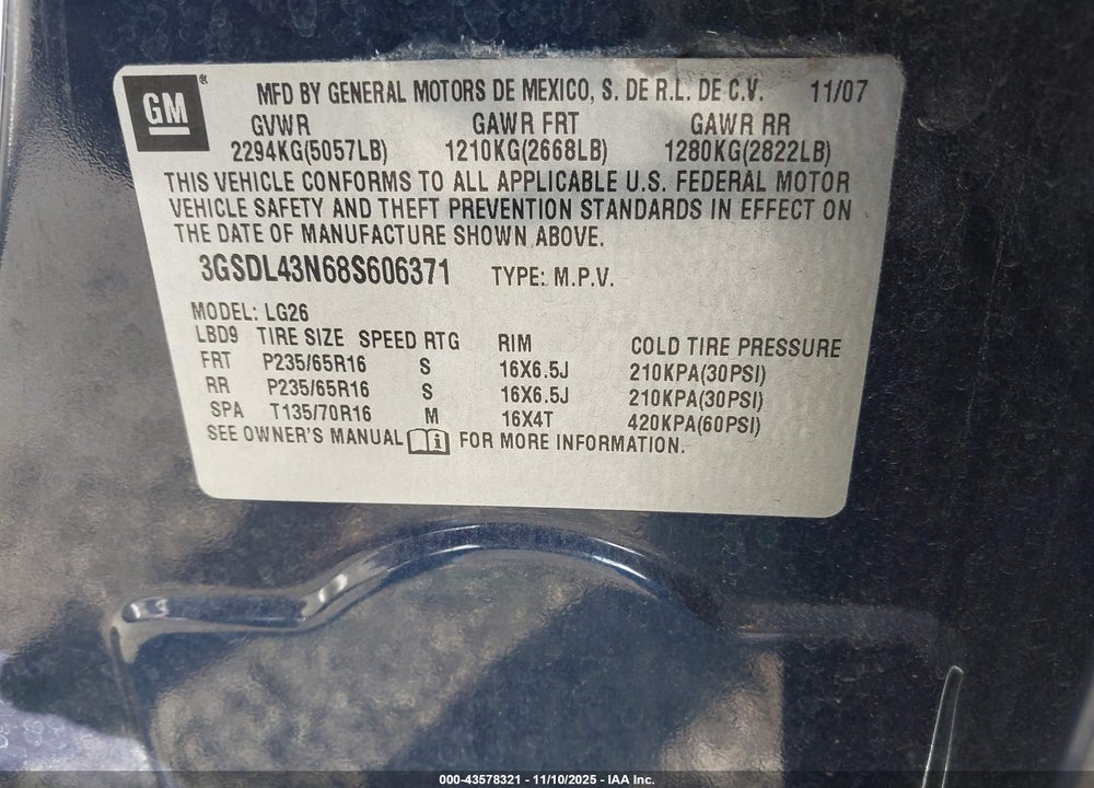 2008 SATURN VUE V6 XE VIN: 3GSDL43N68S606371