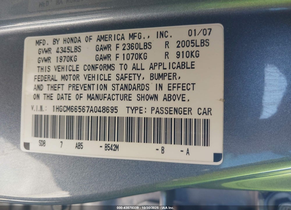 2007 HONDA ACCORD VIN: 1HGCM66567A048695