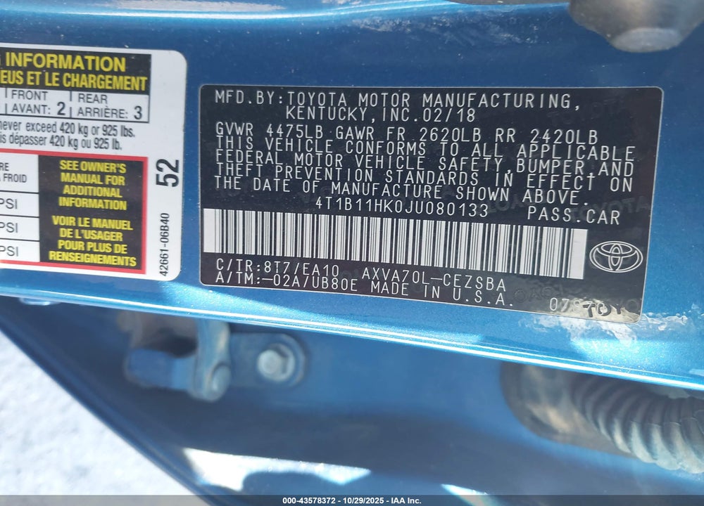 2018 TOYOTA CAMRY SE VIN: 4T1B11HK0JU080133