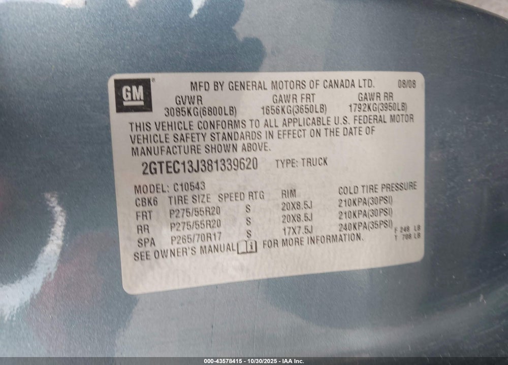 2008 GMC SIERRA 1500 SLE2 VIN: 2GTEC13J381339620