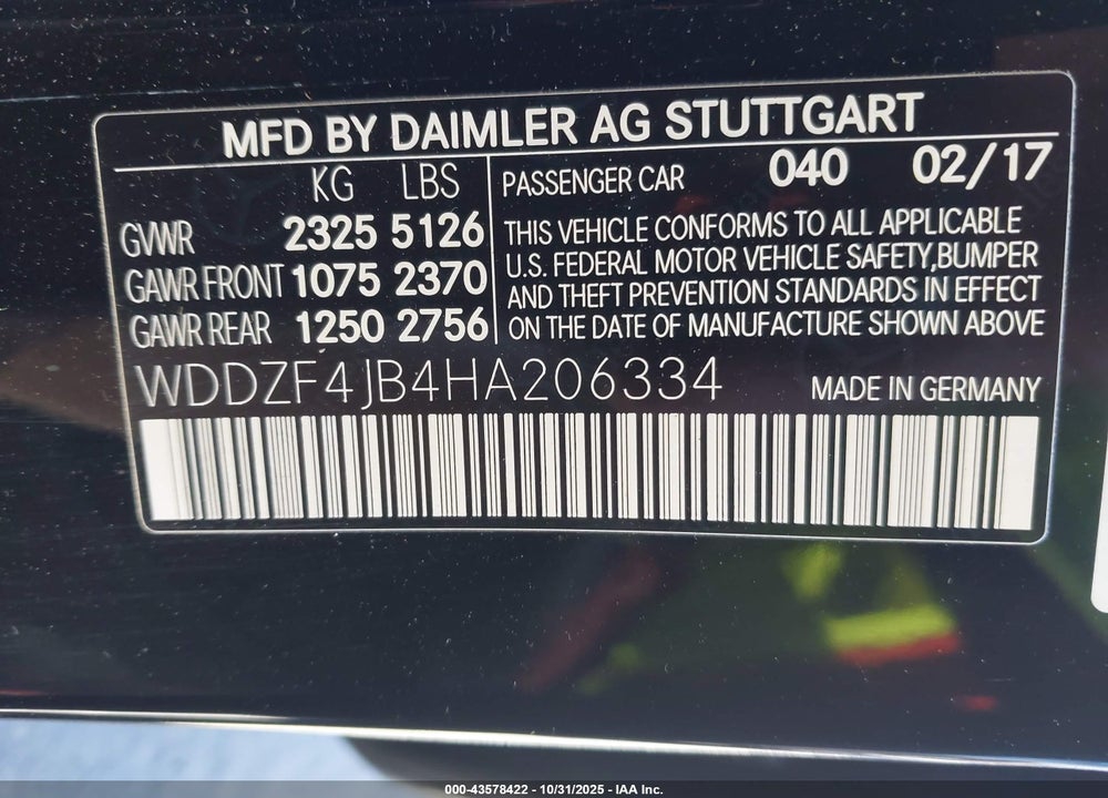 2017 MERCEDES-BENZ E 300 VIN: WDDZF4JB4HA206334