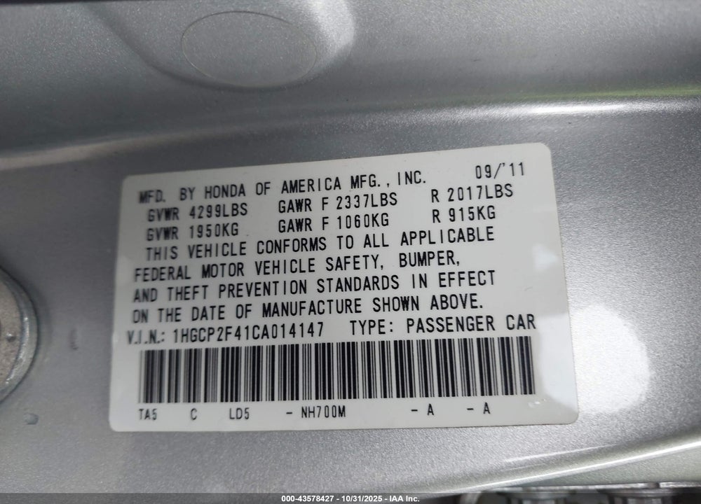 2012 HONDA ACCORD 2.4 LX-P VIN: 1HGCP2F41CA014147