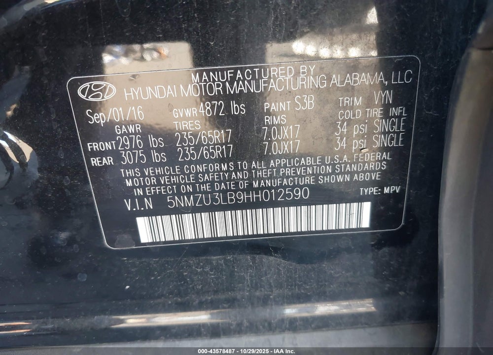 2017 HYUNDAI SANTA FE SPORT 2.4L VIN: 5NMZU3LB9HH012590