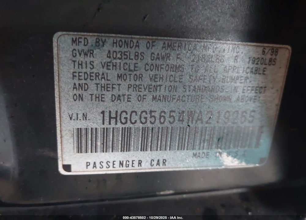 1998 HONDA ACCORD EX VIN: 1HGCG5654WA219265
